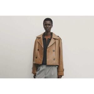 Massimo Dutti Brown Cropped Leather Double Breasted Swing Jacket Small